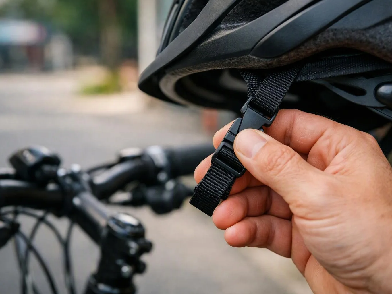 A hand tightens a black bicycle helmet strap, with a bike handlebar blurred in the background