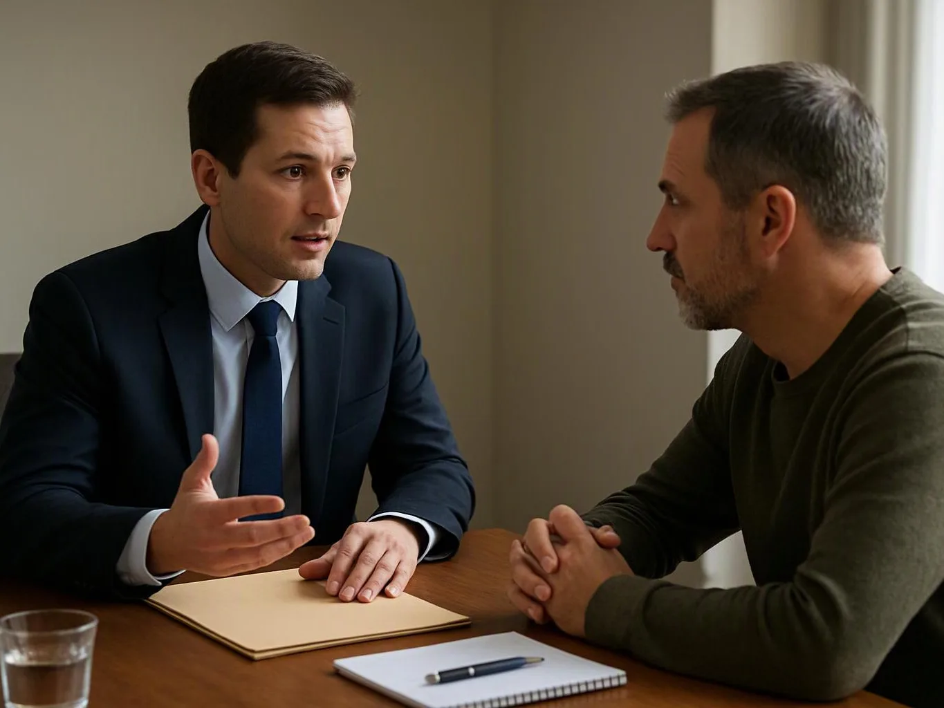 Two men sit at a table, one in a suit speaking with a folder open, the other listening with folded hands