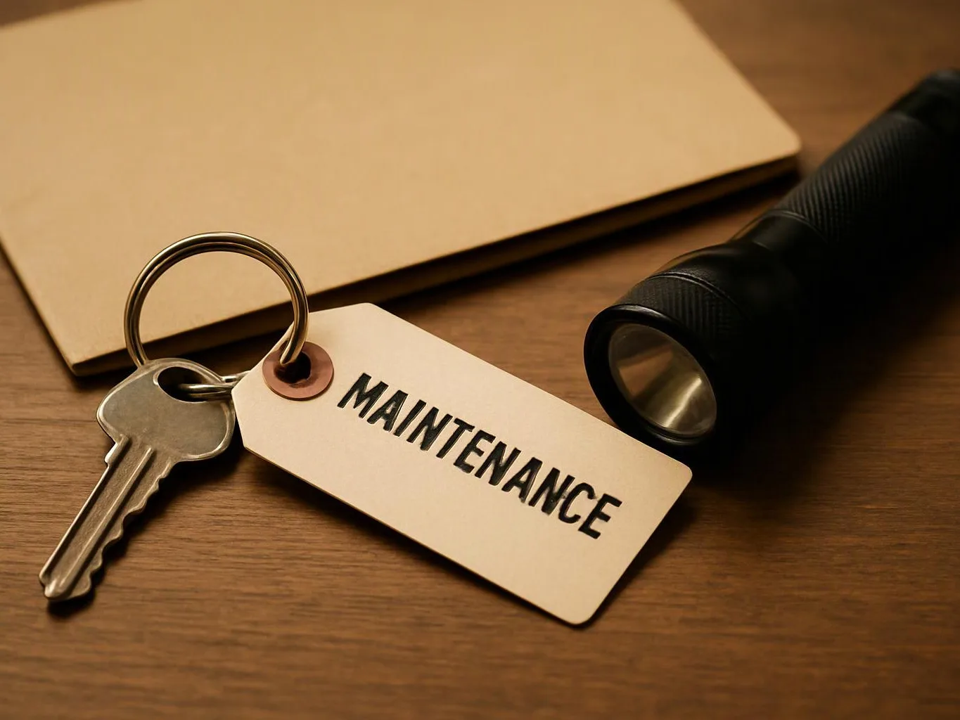 A key ring with a “MAINTENANCE” tag lies beside a flashlight on a wooden table