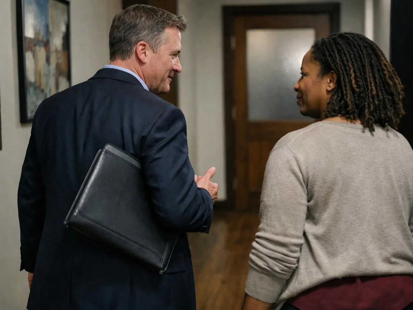A man in a suit with a black folder talks with a woman in a hallway with framed art and wood doors