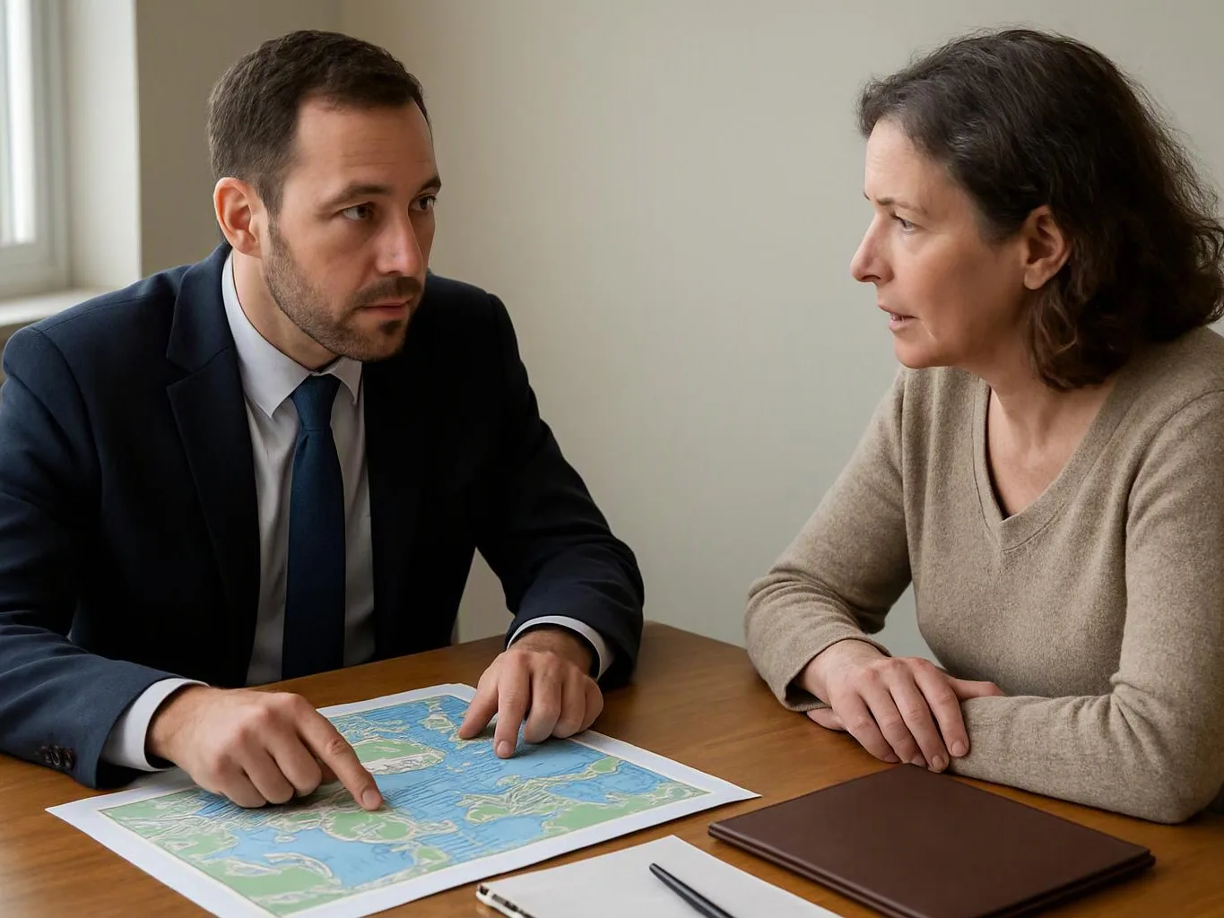 A man in a suit points at a map on a table while speaking with a woman indoors