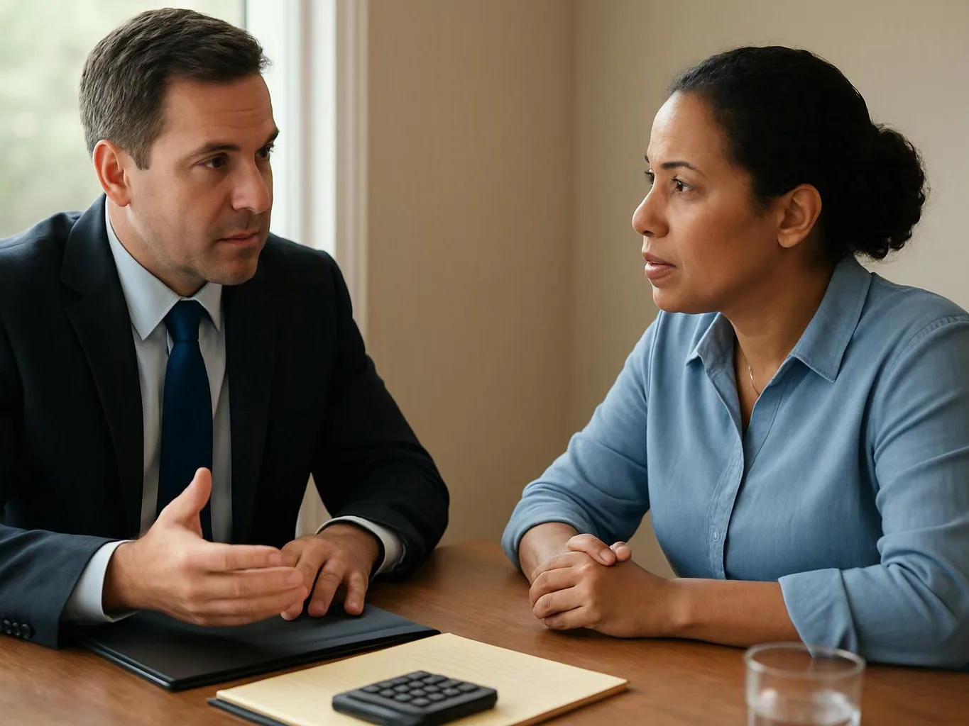 A man in a suit speaks across a table to a woman in a blue shirt, with a calculator and papers between them