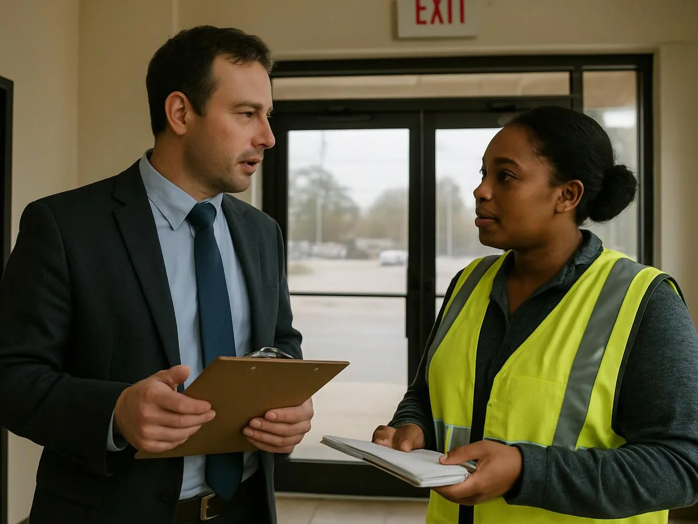 A man in a suit talks to a woman in a safety vest holding a notebook near a glass entrance with an exit sign