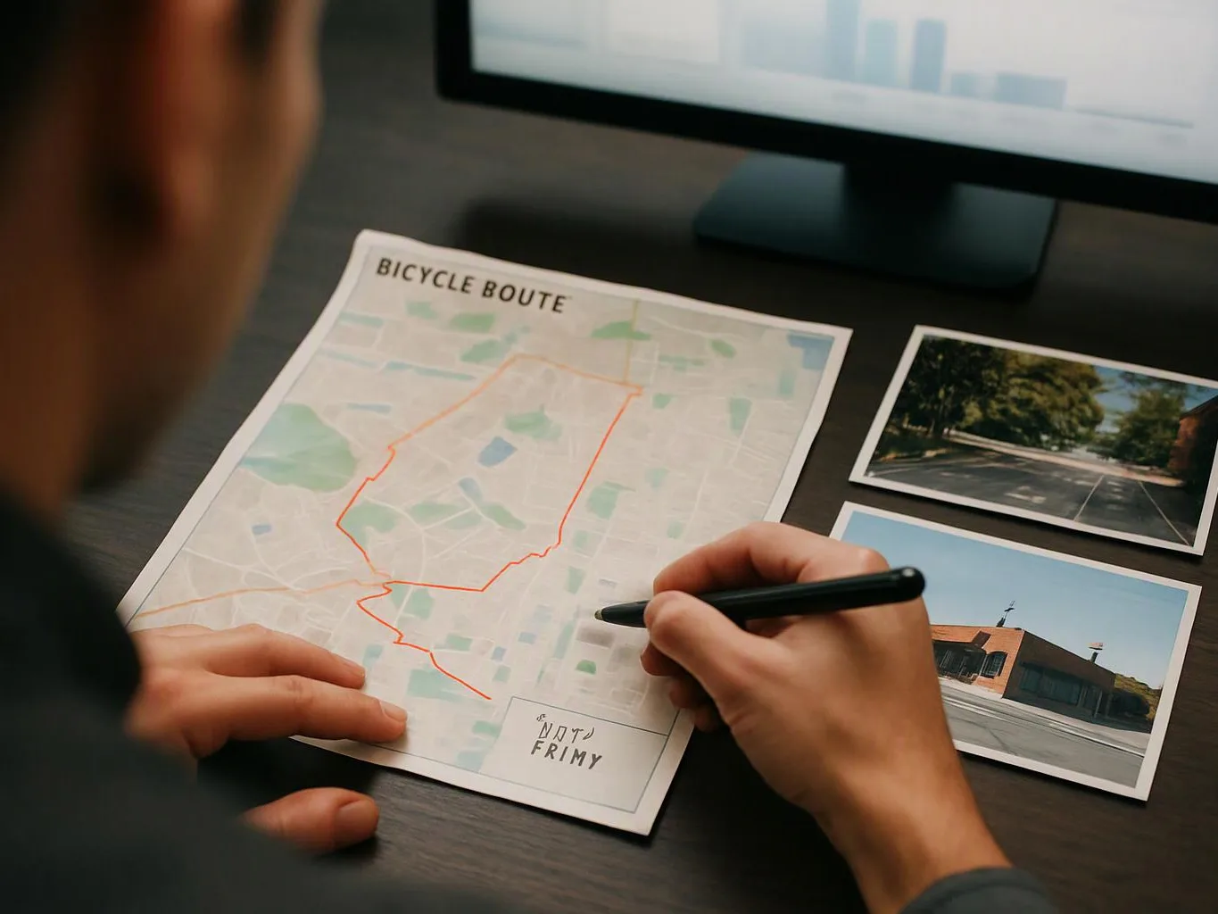 A person marks a bicycle route on a printed map beside two photo prints and a computer monitor