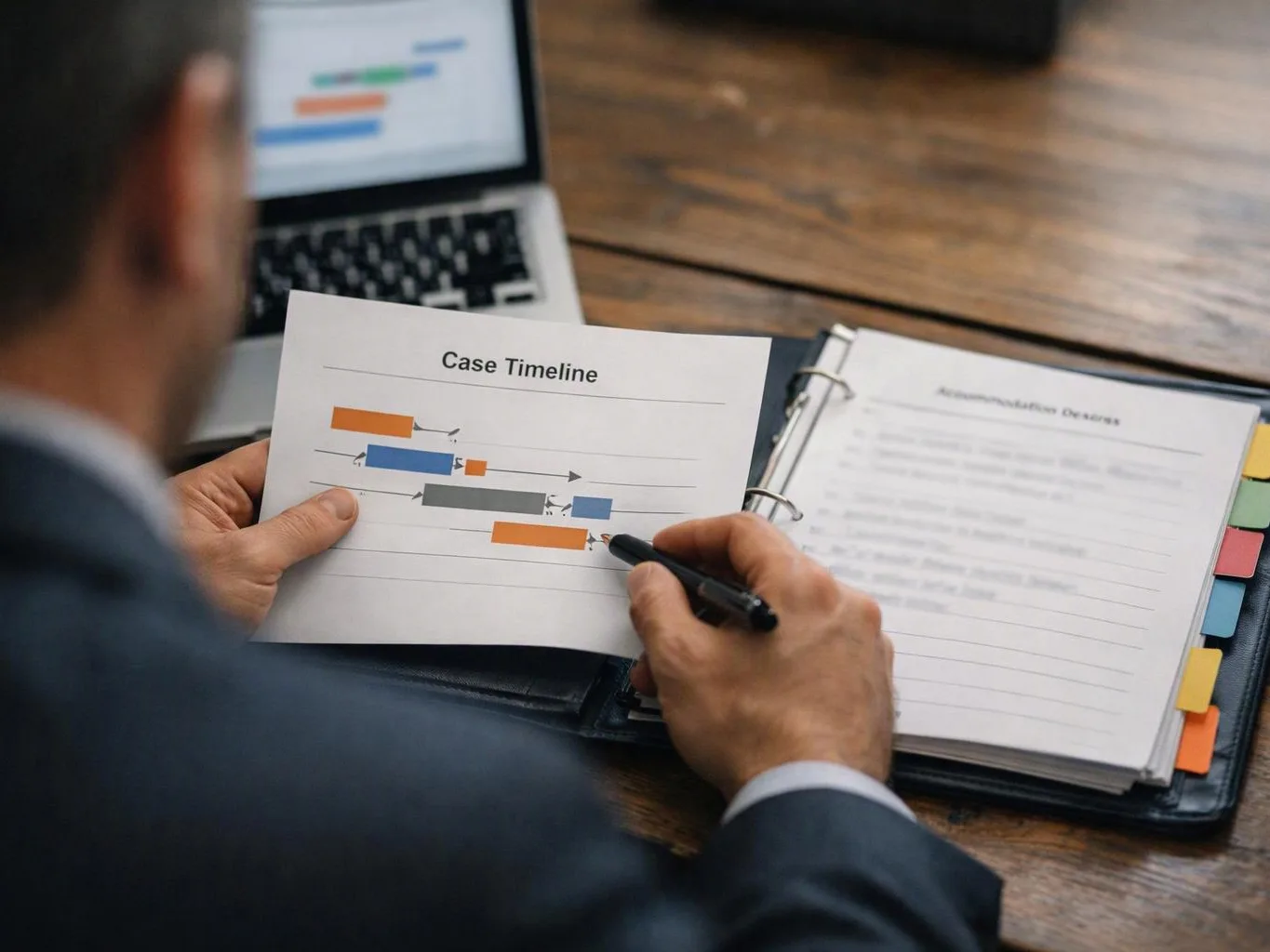 A person in a suit marks a printed case timeline beside an open binder and laptop on a wooden table