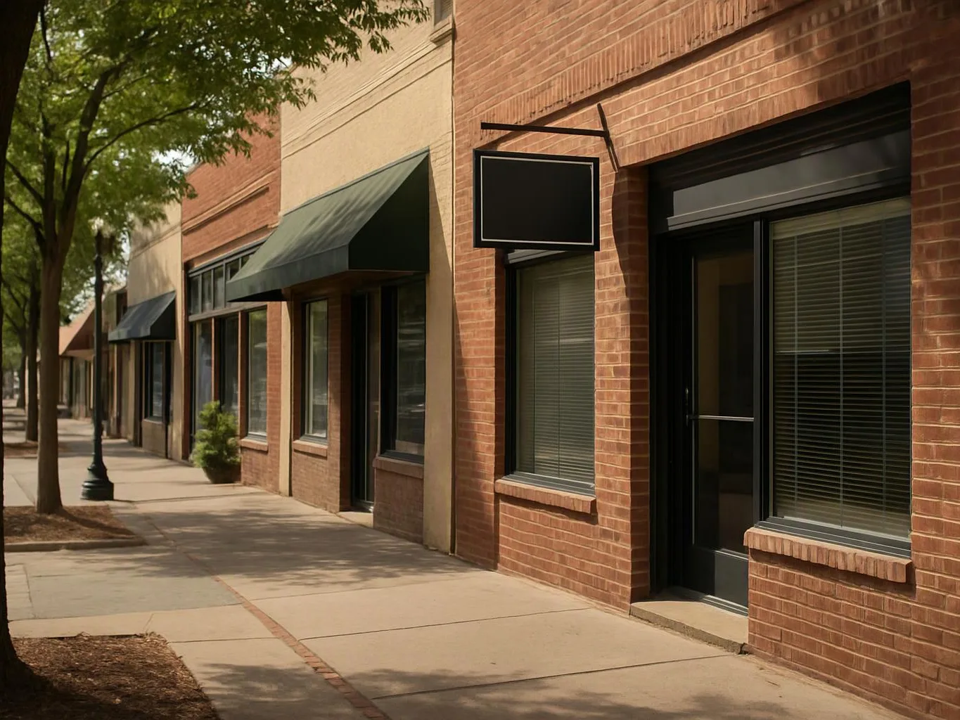 A quiet sidewalk runs beside brick storefronts with dark awnings, windows, and a blank hanging sign under trees