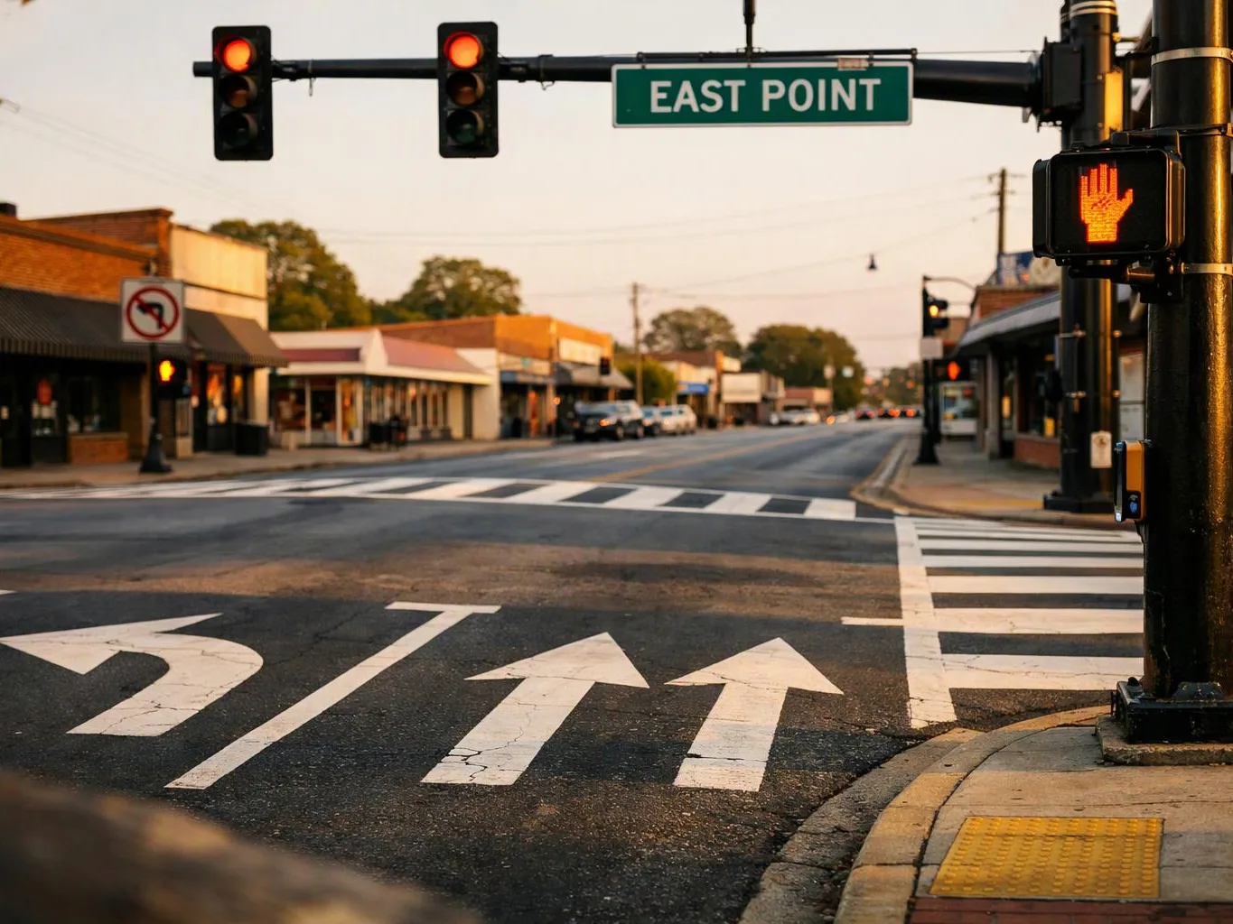 A quiet street intersection shows red traffic lights, an “EAST POINT” sign, and crosswalk markings at dusk