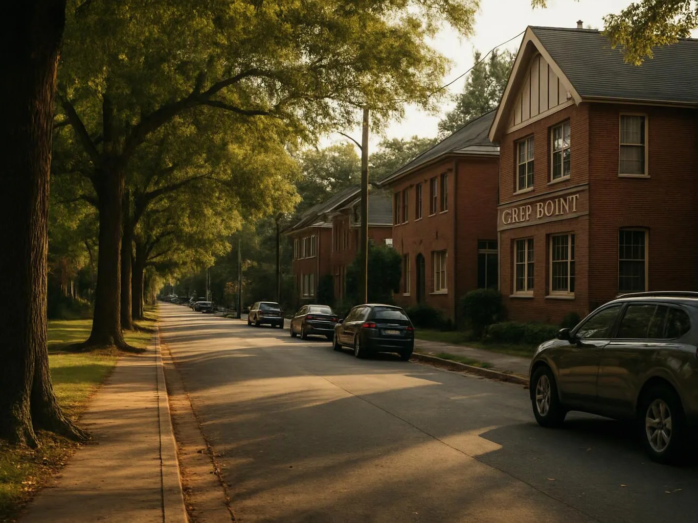 A quiet tree-lined street runs past brick houses and parked cars in warm afternoon light
