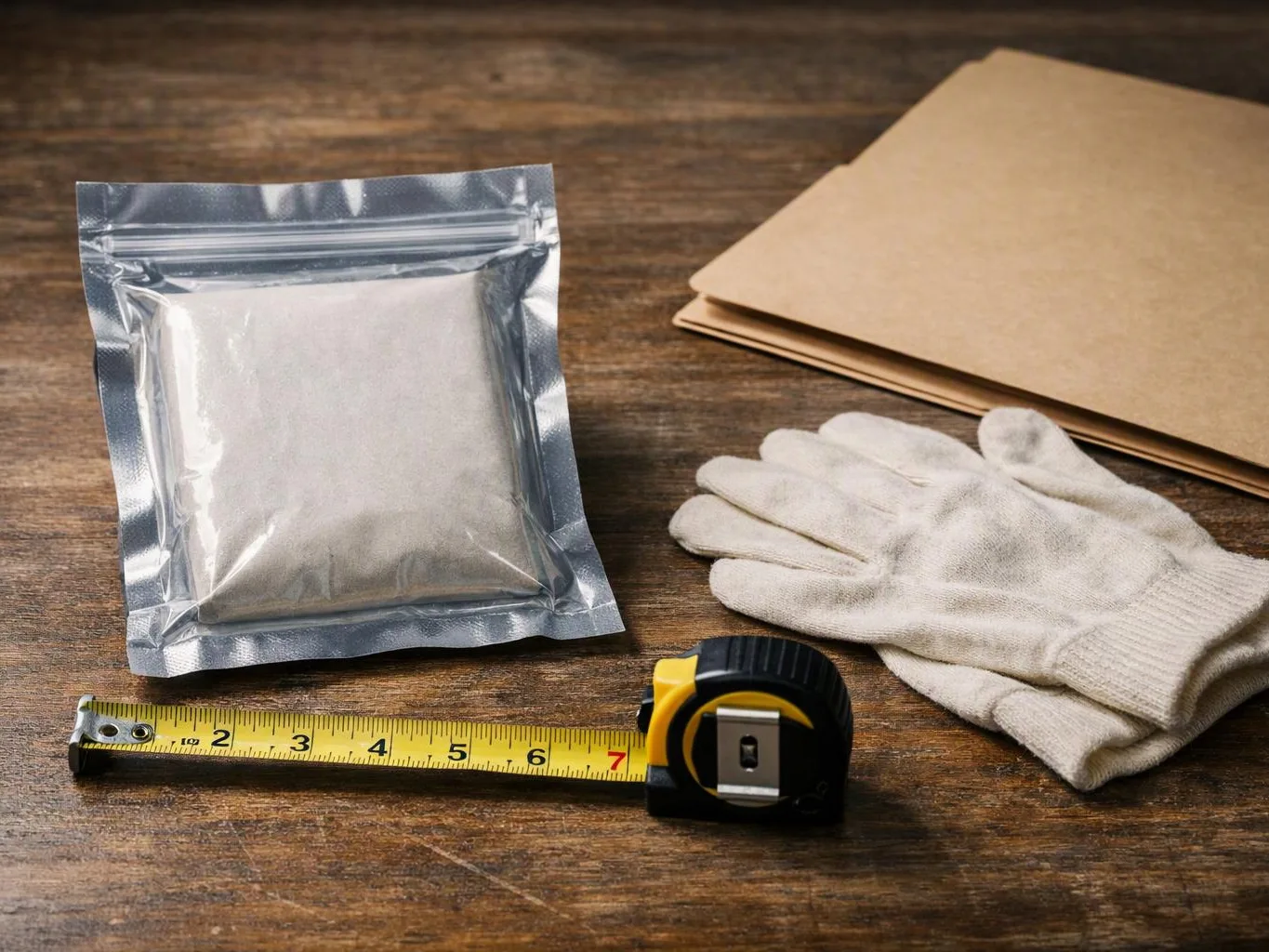 A sealed silver pouch, gloves, a tape measure, and folded cardboard sit on a wooden table