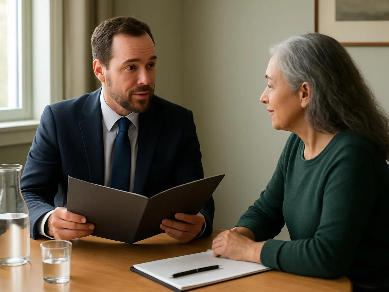 A suited man speaks with an older woman across a table, holding an open folder in a bright room