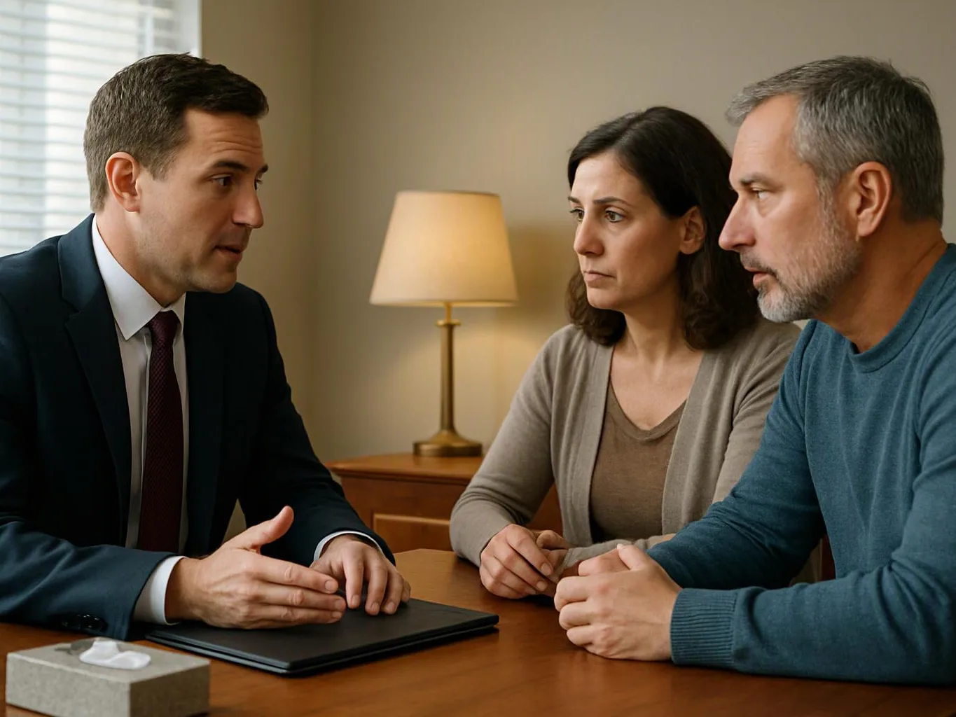 A suited man speaks with a seated couple at a table beside a lit lamp in a plain room