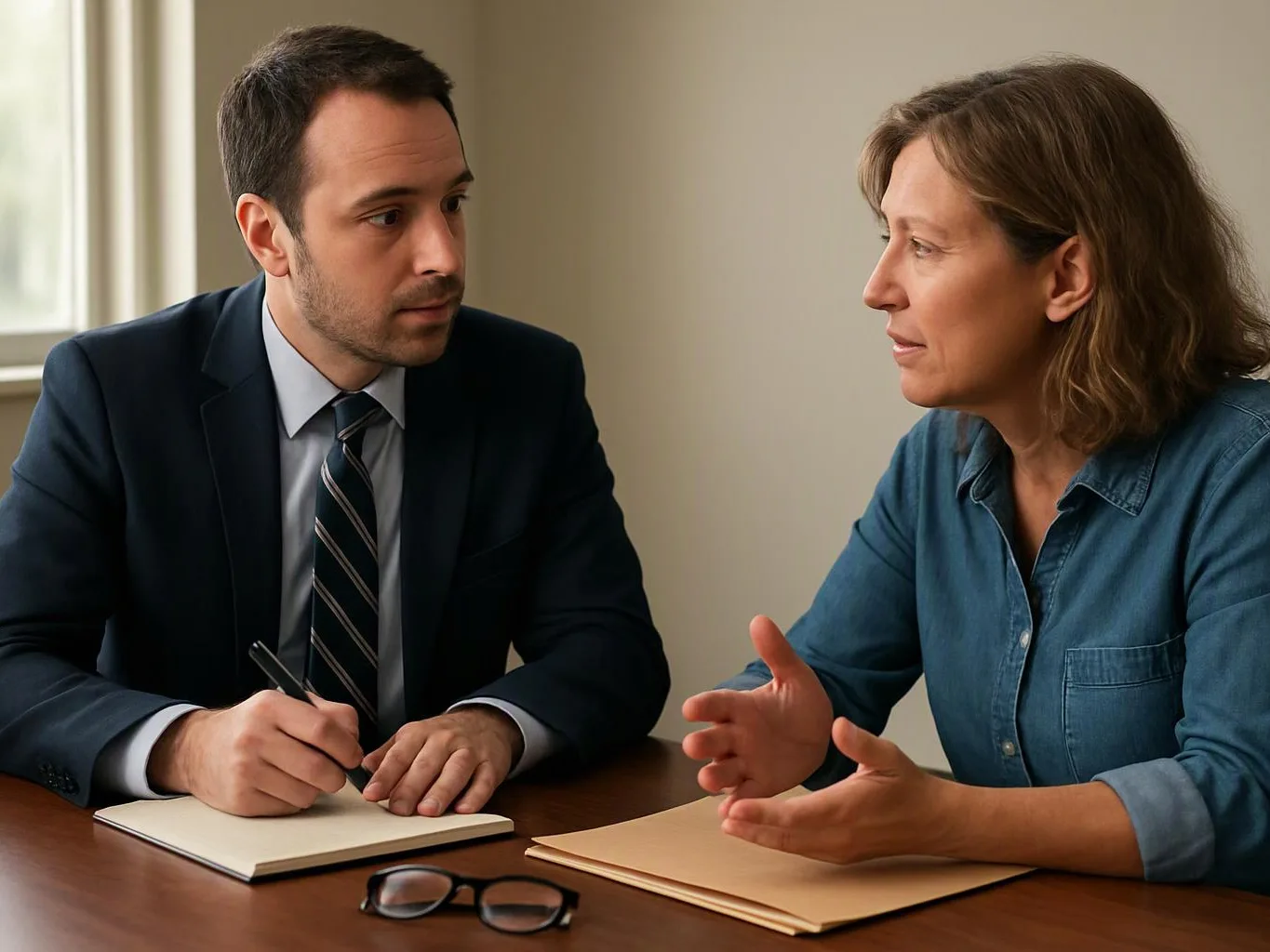 A suited man takes notes while a woman in a denim shirt speaks across a table in a plain room