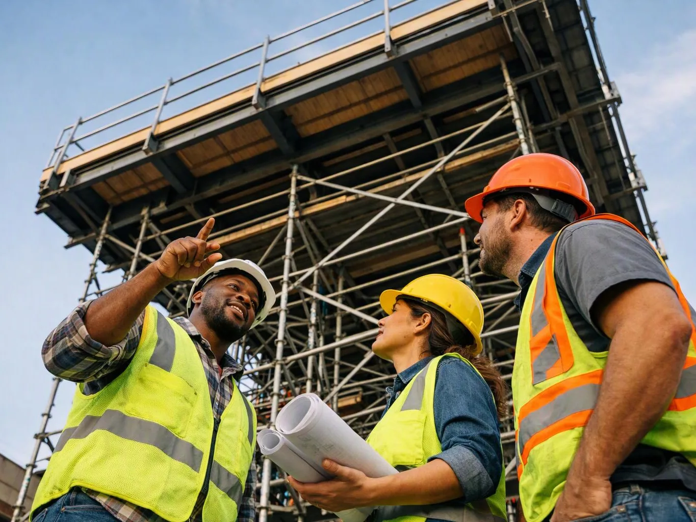 Three construction workers in hard hats stand under scaffolding, talking and holding rolled blueprints