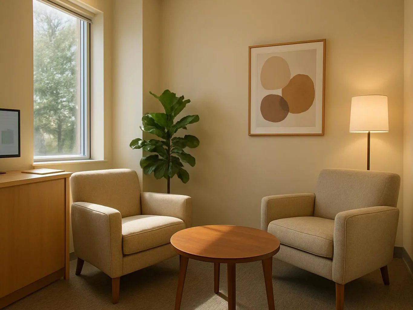 Two beige armchairs face a round wooden table in a sunlit room with a floor lamp, plant, and framed abstract art