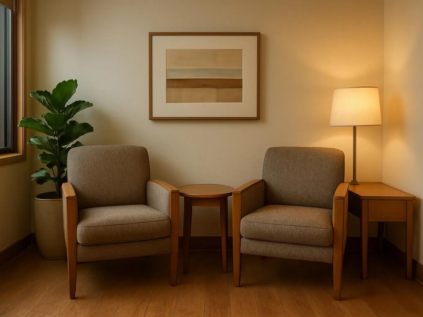 Two beige armchairs face a small round table in a softly lit room with a lamp and potted plant