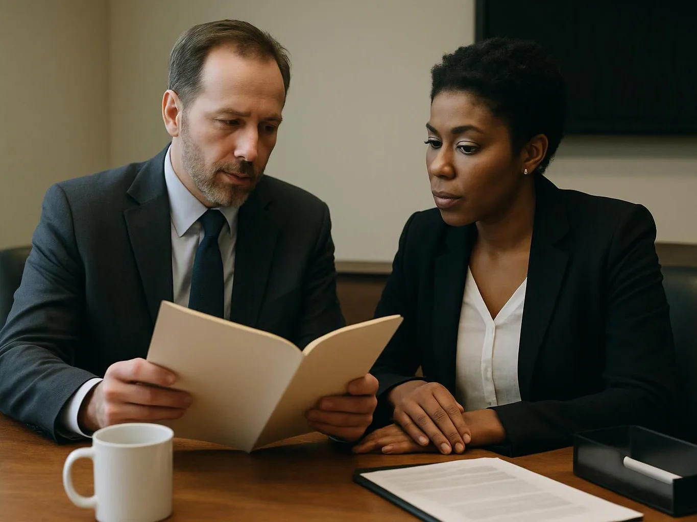 Two coworkers in suits read a booklet together at a conference table with a mug and papers nearby
