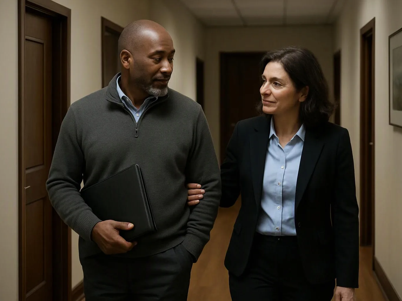 Two coworkers walk down a hallway, one holding a black folder while the other rests a hand on his arm