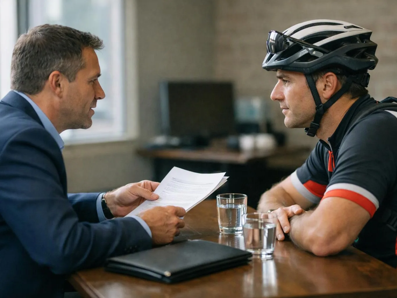 Two men sit across a table, one in a suit holding papers, the other wearing a bicycle helmet and listening indoors