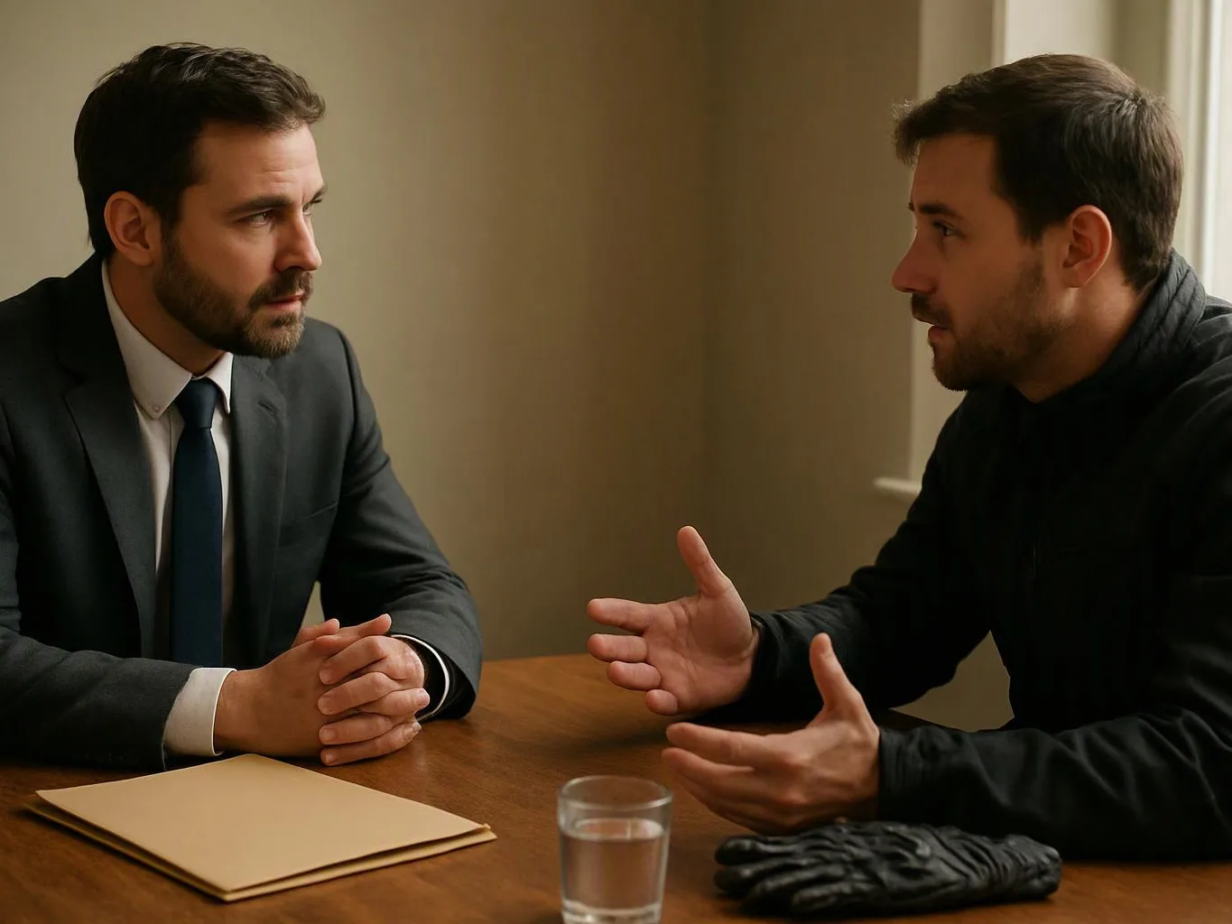 Two men sit across a table, one in a suit listening while the other gestures during a serious conversation