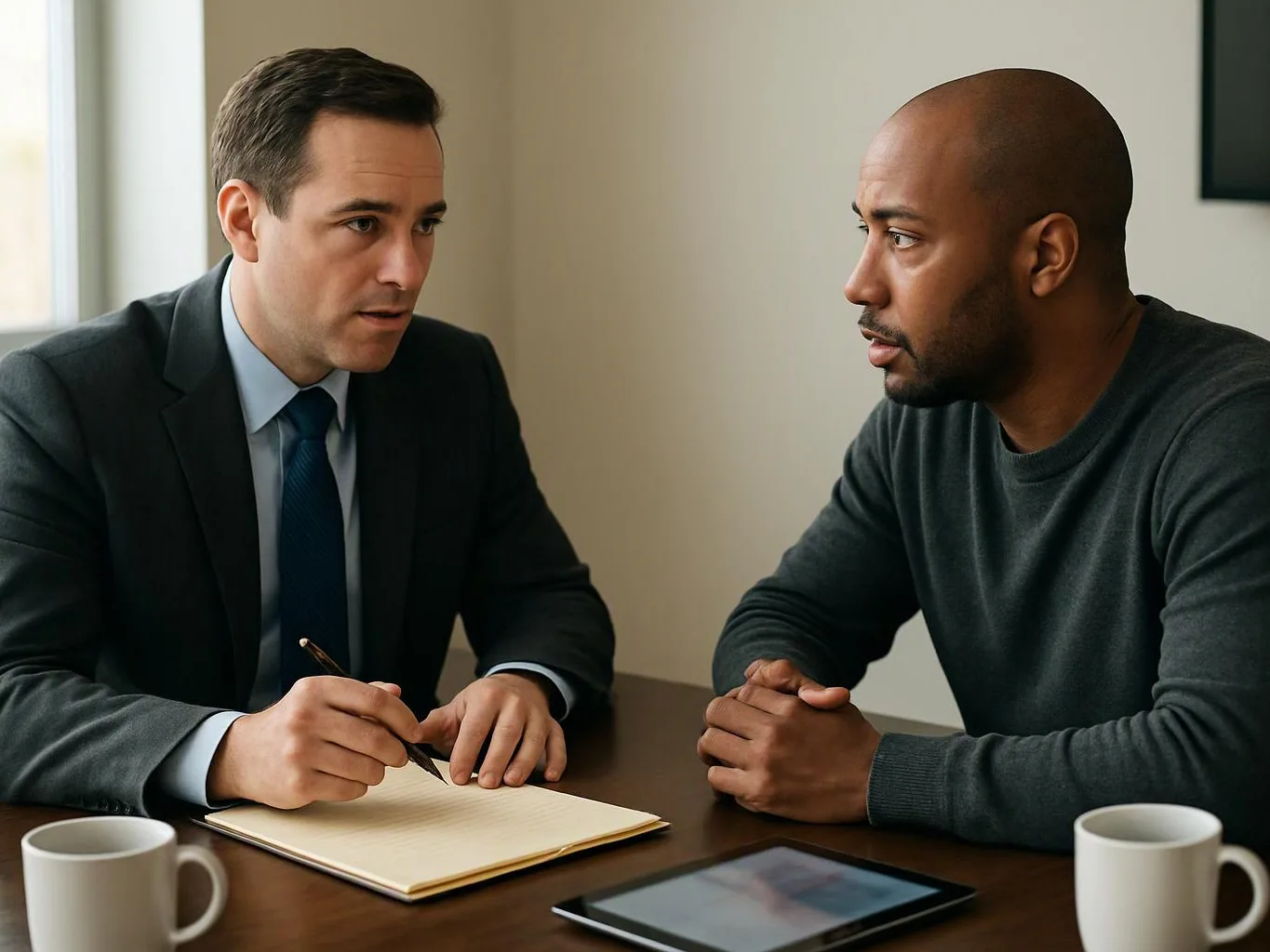 Two men sit across a table, talking while one takes notes beside a tablet and coffee mugs
