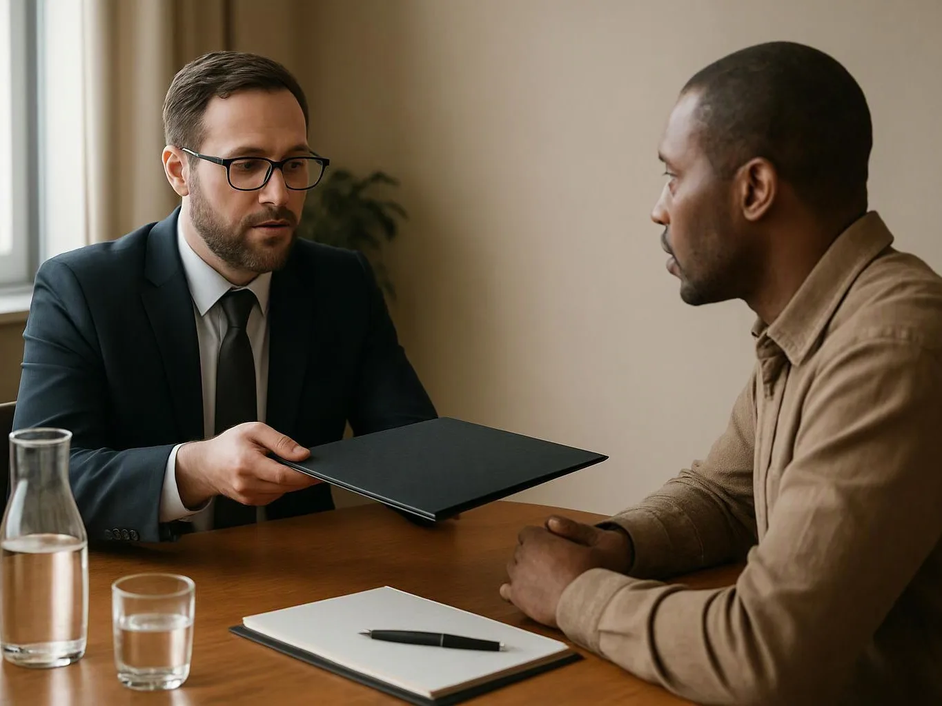 Two men sit at a wooden table, one handing over a black folder during a quiet meeting in a plain room
