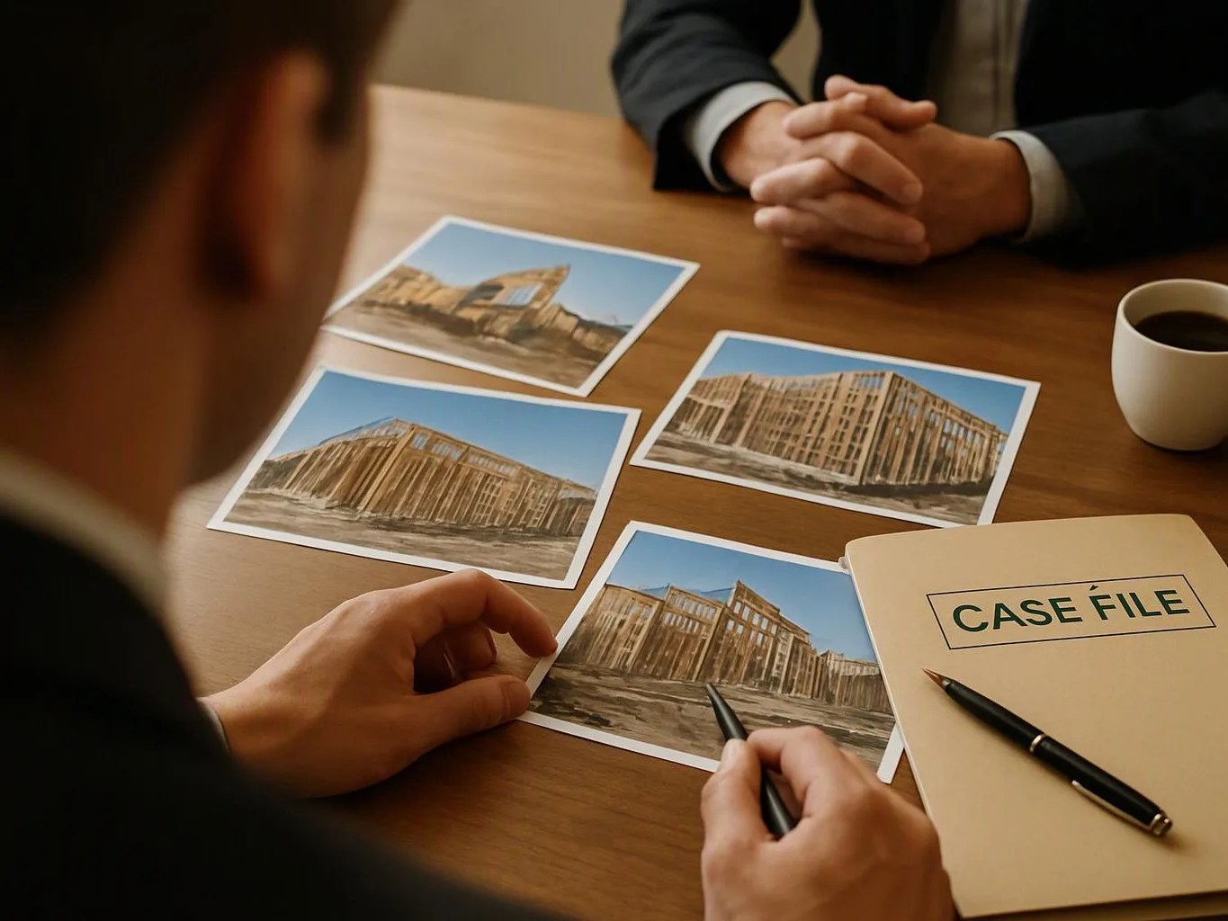 Two people review building photos on a wooden table beside a case file and a coffee cup