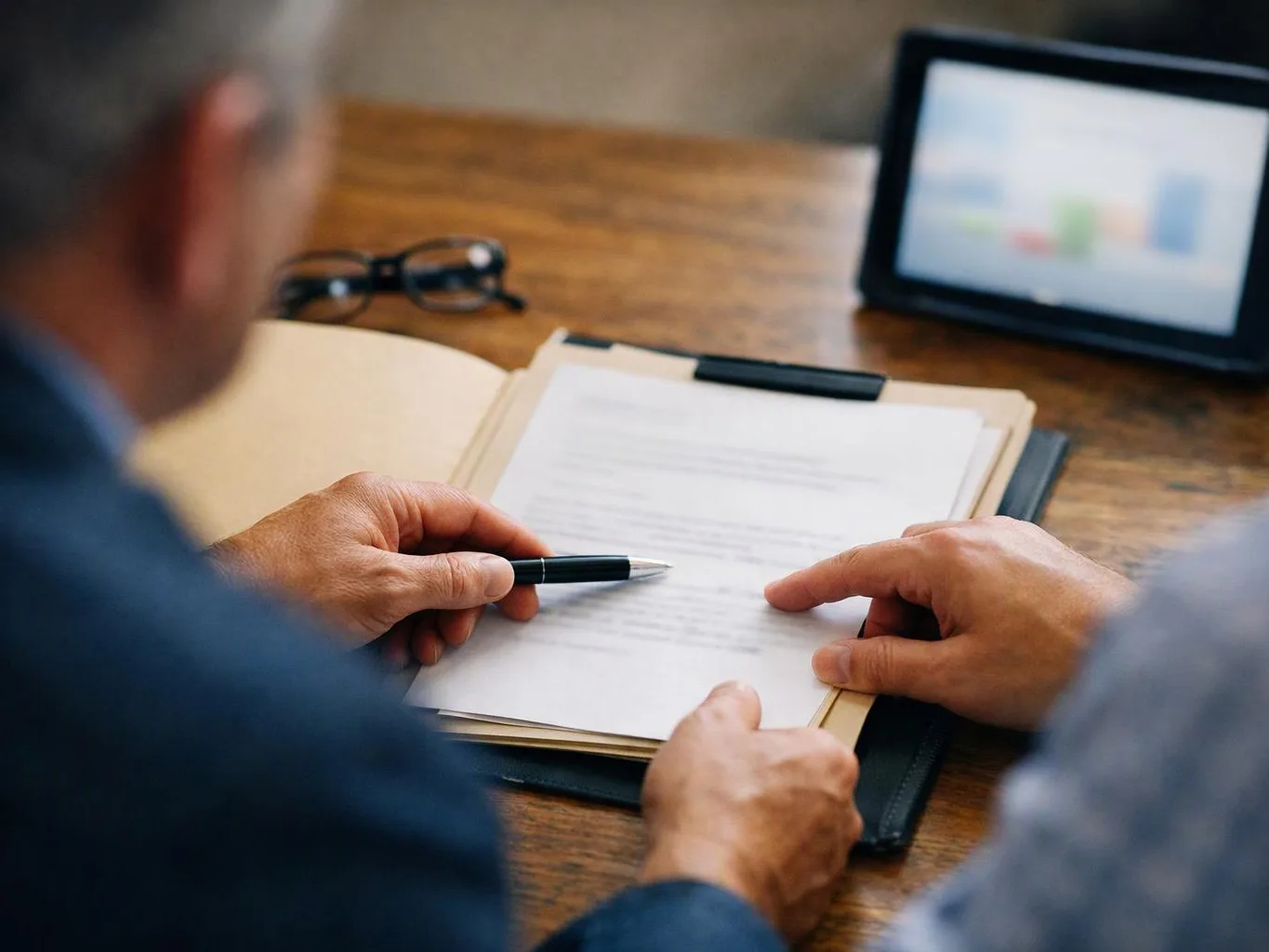 Two people review a paper document at a wooden table, with a pen, glasses, and a blurred tablet nearby