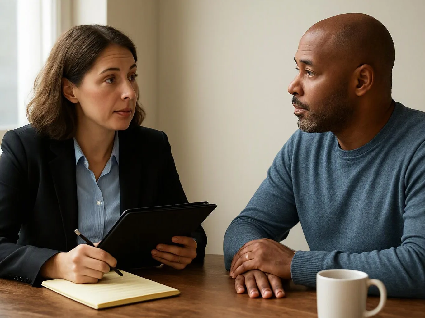 Two people sit across a table, one taking notes while they talk in a plain room