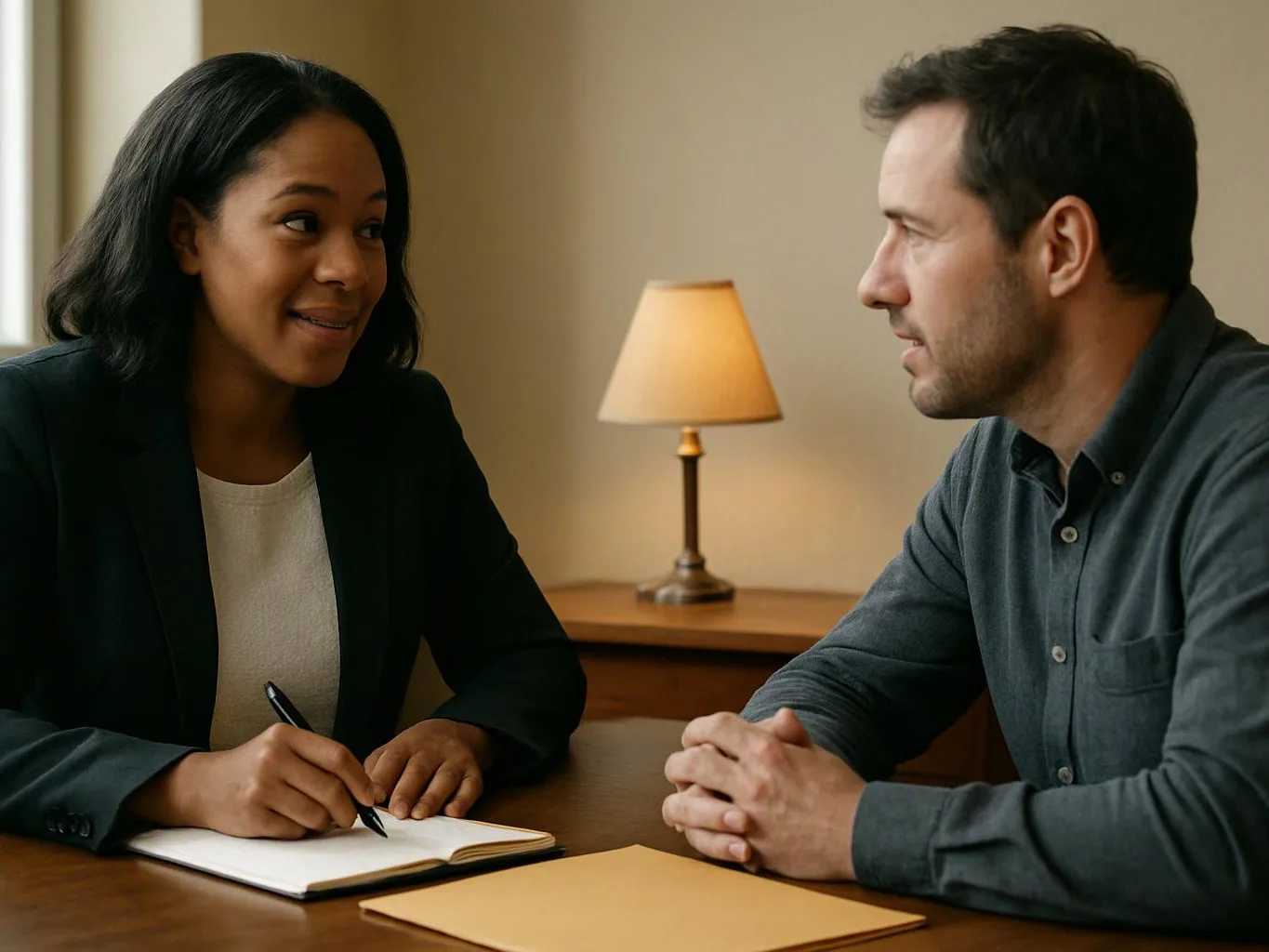 Two people sit at a table, one taking notes while they talk in a softly lit room