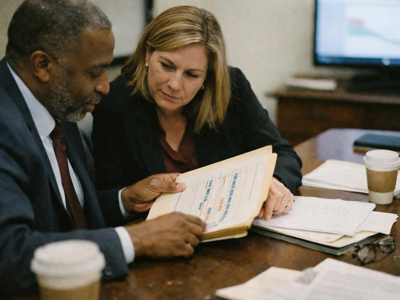 Two people in suits review a marked-up folder at a meeting table with papers and coffee cups