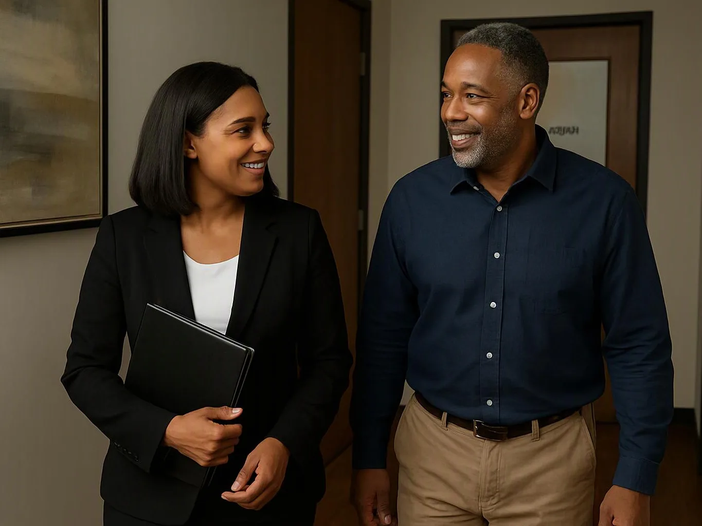 Two smiling coworkers walk through a hallway, with one holding a black folder