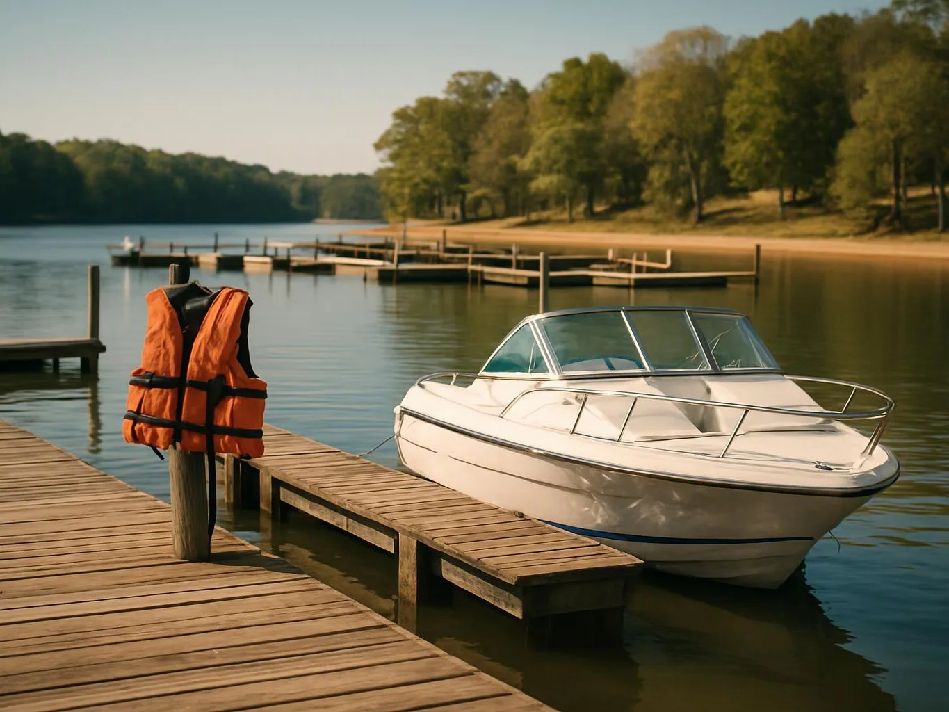 A white motorboat rests beside a wooden dock, with an orange life vest on a post and calm water around it