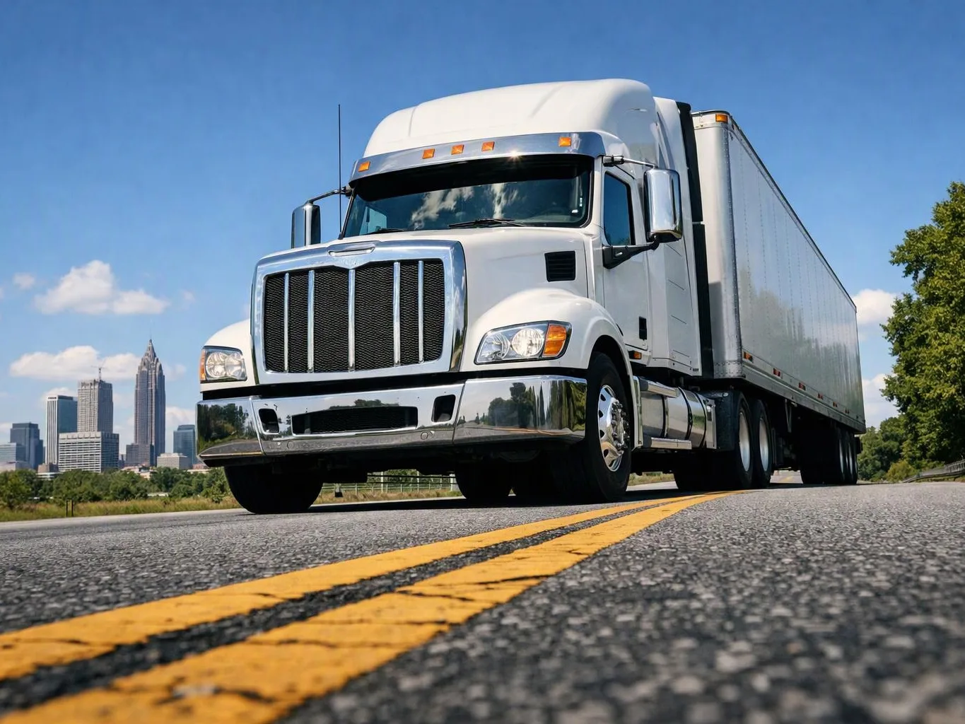 A white semi truck with a box trailer drives on a road beside a distant city skyline under a blue sky