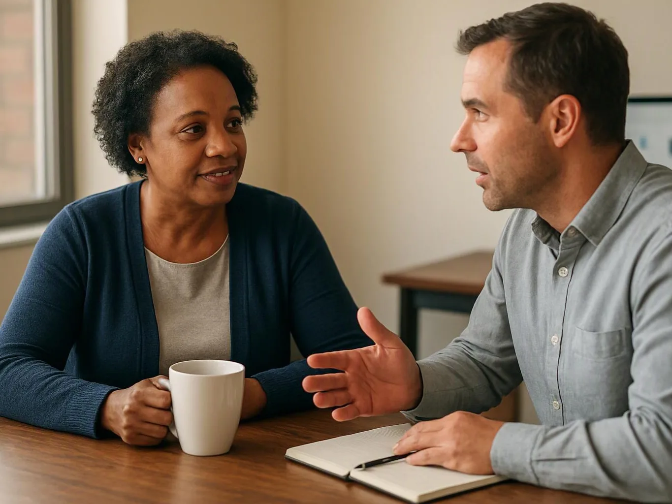 A woman and man sit at a table, talking while she holds a white mug and he gestures over a notebook