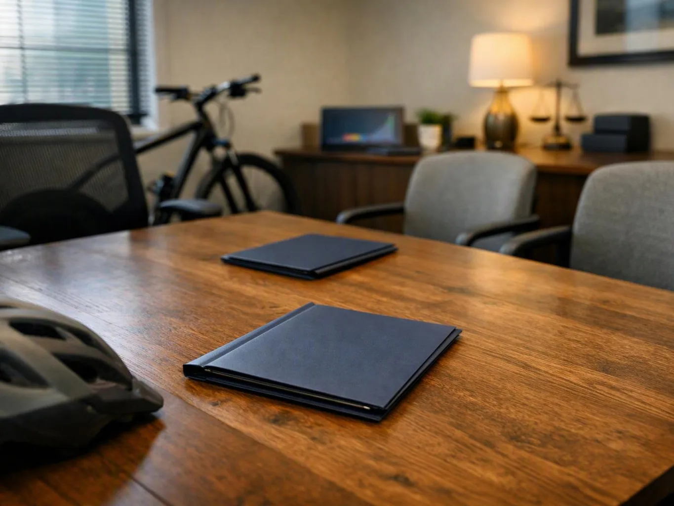 A wooden conference table holds two closed folders, with chairs, a bicycle, a lamp, and a laptop in the room