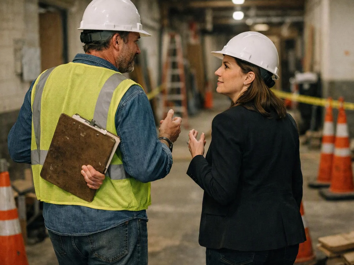 A worker in a hard hat and safety vest talks with a woman in a hard hat inside a construction site